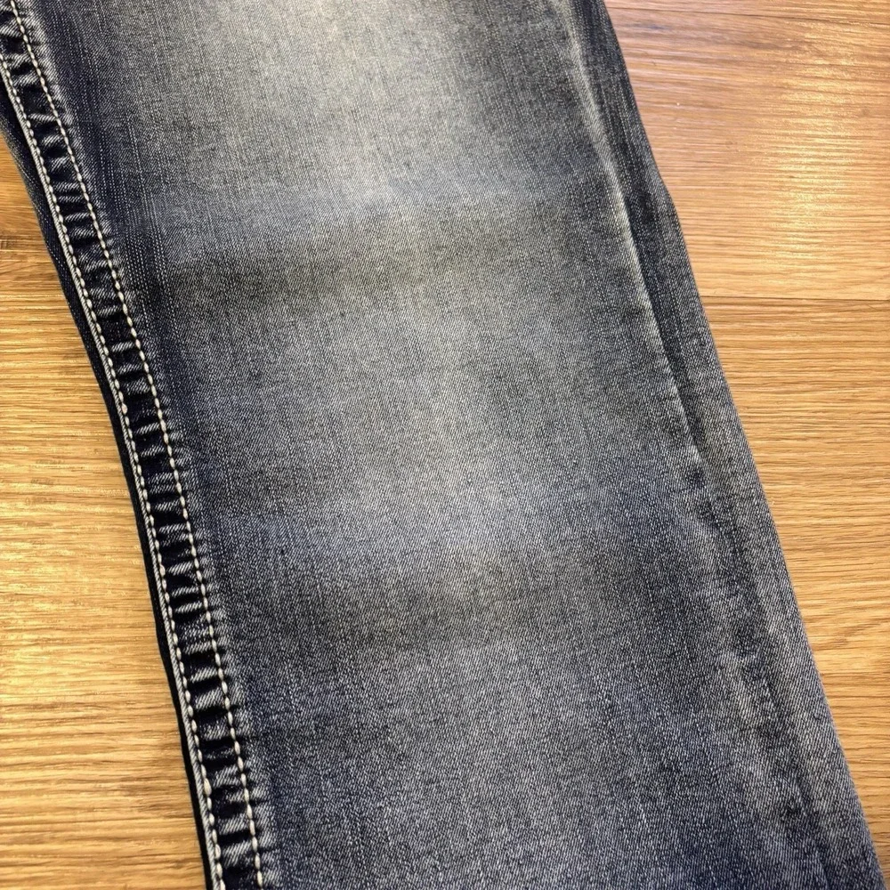 True Luck Jeans Mens 34x30 Dark Distressed Wash Straight Leg Red Stitching Faded